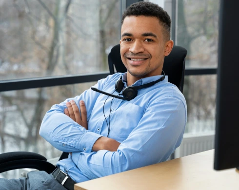 Close up on person working in call center