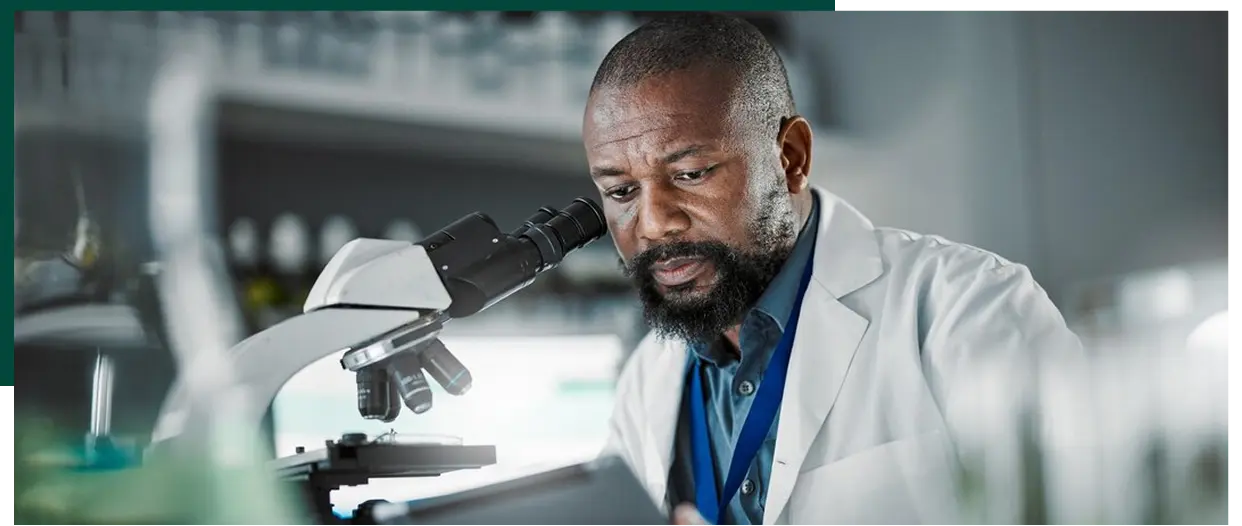 Black man thinking science and tablet for online research laboratory and healthcare sample african american male scientist or research in lab digital data and update experiment results and focus
