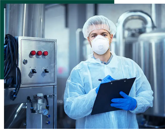 Factory worker in white protective uniform with hairnet and mask standing by industrial machine