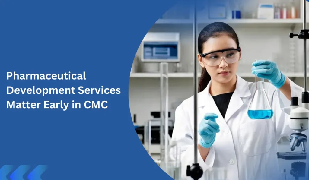 A scientist in a laboratory wearing safety goggles and gloves, examining a flask with blue liquid, representing the importance of pharmaceutical development services early in CMC processes.